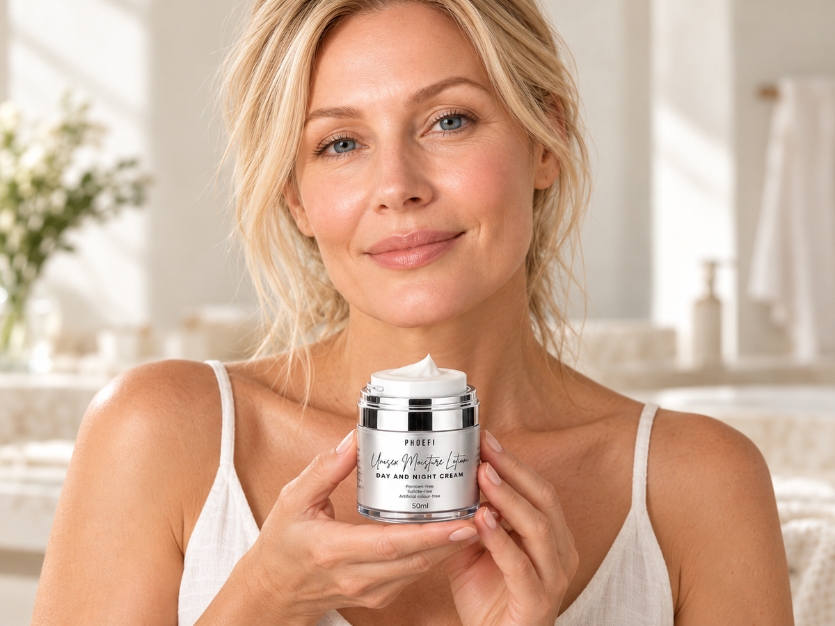 Woman holding the open PHOEFI Day and Night Cream with its label facing forward.