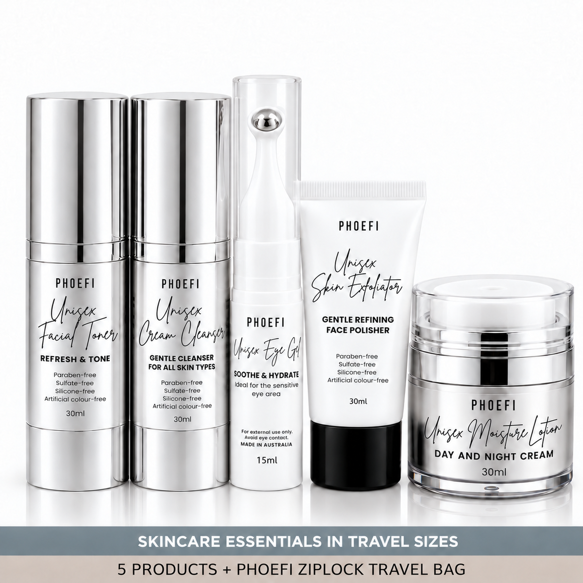 PHOEFI Skincare Travel Kit with five travel-size skincare products and a PHOEFI ziplock travel bag.