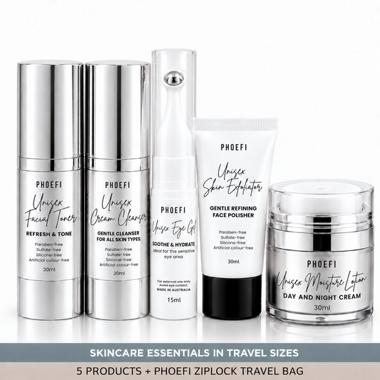 PHOEFI Skincare Travel Kit with five travel-size skincare products and a PHOEFI ziplock travel bag.